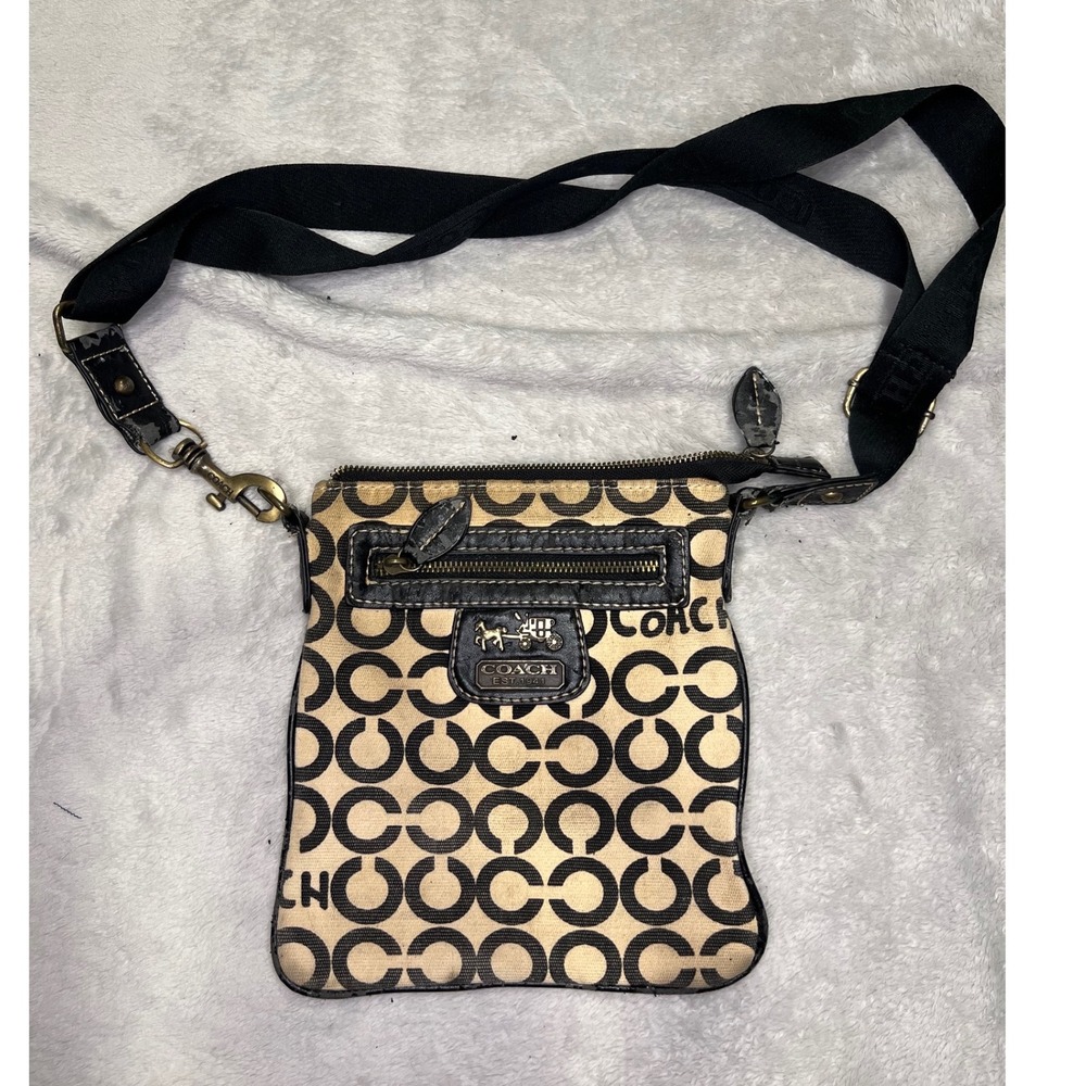 Coach Vintage Crossbody Bag Signature Monogram Canvas Tan Black Small